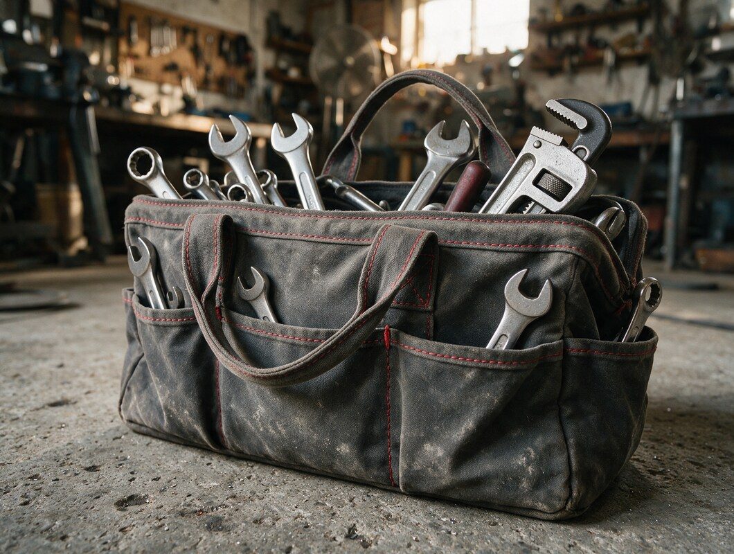 Werkzeugtasche mit Rohrzangen und Schlüsseln